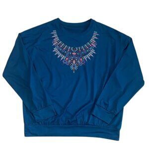 Tamsy Dark Blue Crew Neck Top with Colorful Embellishments - Size OS (Fits S-L)